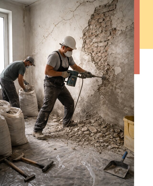 Демонтаж штукатурки со стен в Краснокамске от 7299 руб/м² — быстро и недорого | ОТДЕЛОЧНИК-Кнм