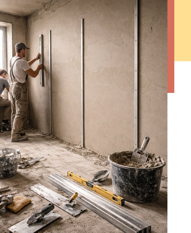 Штукатурка стен по маякам в Краснокамске от 5575 руб./м² — выравнивание под ключ | ОТДЕЛОЧНИК-Кнм