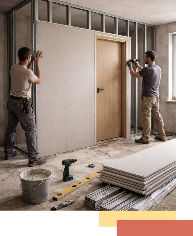 Перегородка из гипсокартона с дверью под ключ в Краснокамске