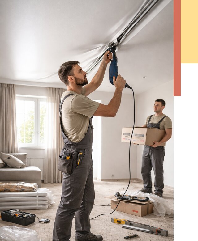 Монтаж сатинового натяжного потолка в Краснокамске от 3548 руб. | Быстро, недорого — ОТДЕЛОЧНИК-Кнм