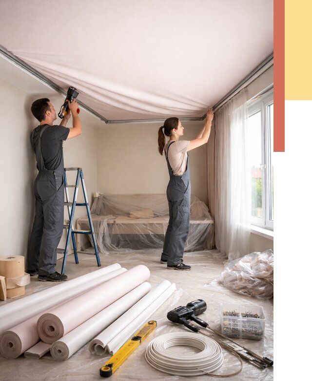 Монтаж цветного натяжного потолка в Краснокамске от 4258 руб/м² — быстро и недорого | ОТДЕЛОЧНИК-Кнм