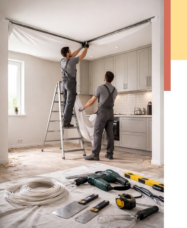 Установка натяжного потолка на кухне в Краснокамске от 2433 руб. | ОТДЕЛОЧНИК-Кнм