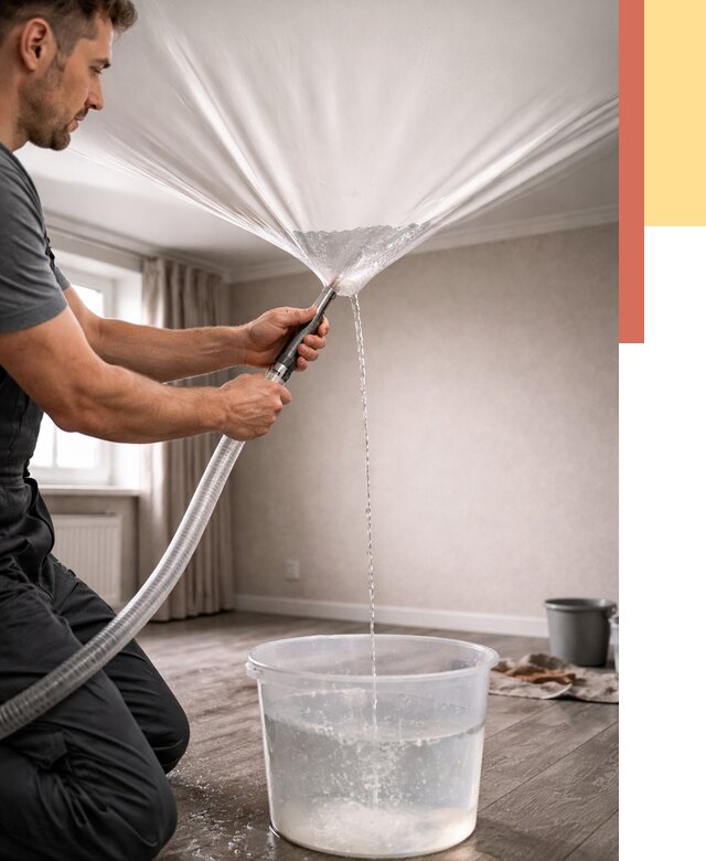 Слив воды с натяжного потолка в Краснокамске от 2534 руб. быстро и недорого | ОТДЕЛОЧНИК-Кнм