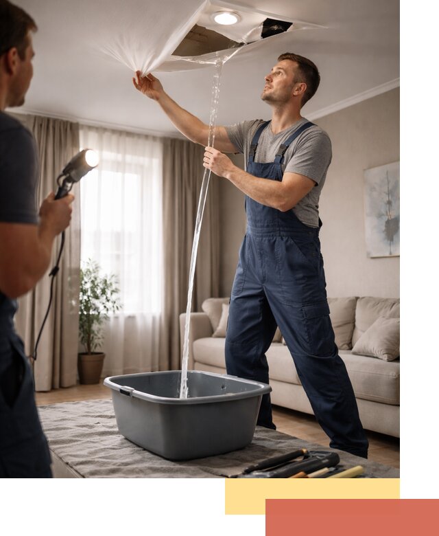 Слив воды с натяжного потолка в Краснокамске быстро и аккуратно