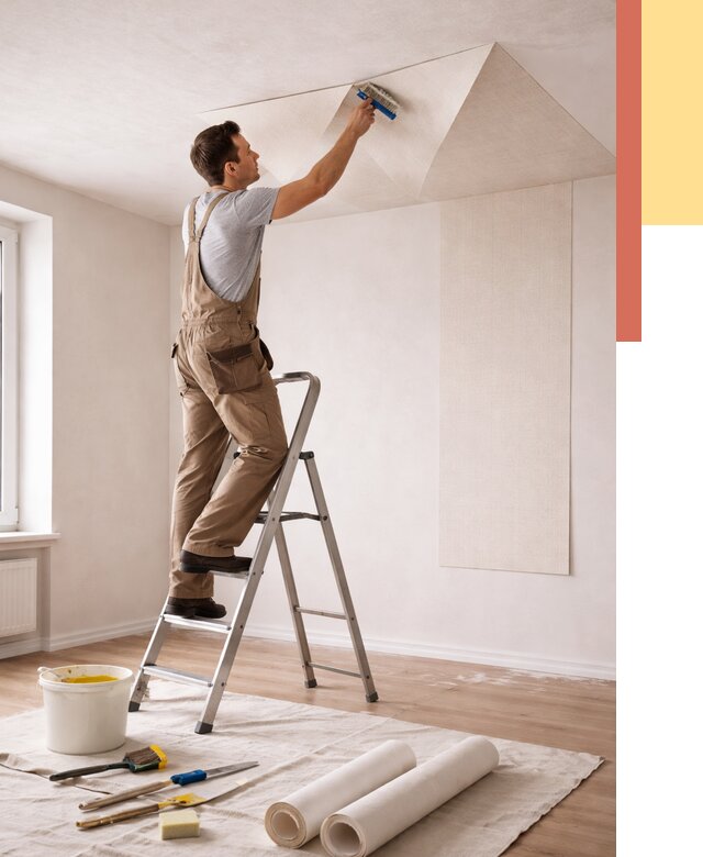 Поклейка обоев на потолок в Краснокамске от 4562 руб. быстро и недорого | ОТДЕЛОЧНИК-Кнм